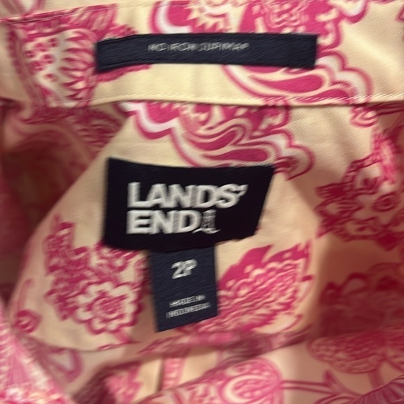 Lands End Floral Pink No Iron Button Down Shirt Sz 2P - Picture 5 of 6
